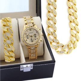 Men Jewelry Sets 3pcs/set Hop Iced Out Finished Simulate Watch Cuban Necklace Chain Bracelet 3pcs Combo