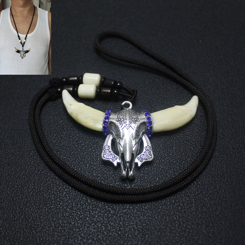 Men Necklace Wolf  Teeth Bull Ox Head Skull Pendant  Real Tooth  Charm Necklace Vintage Jewelry