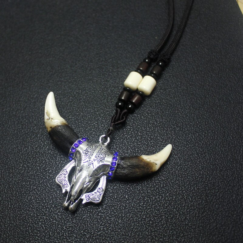 Men Necklace Wolf  Teeth Bull Ox Head Skull Pendant  Real Tooth  Charm Necklace Vintage Jewelry