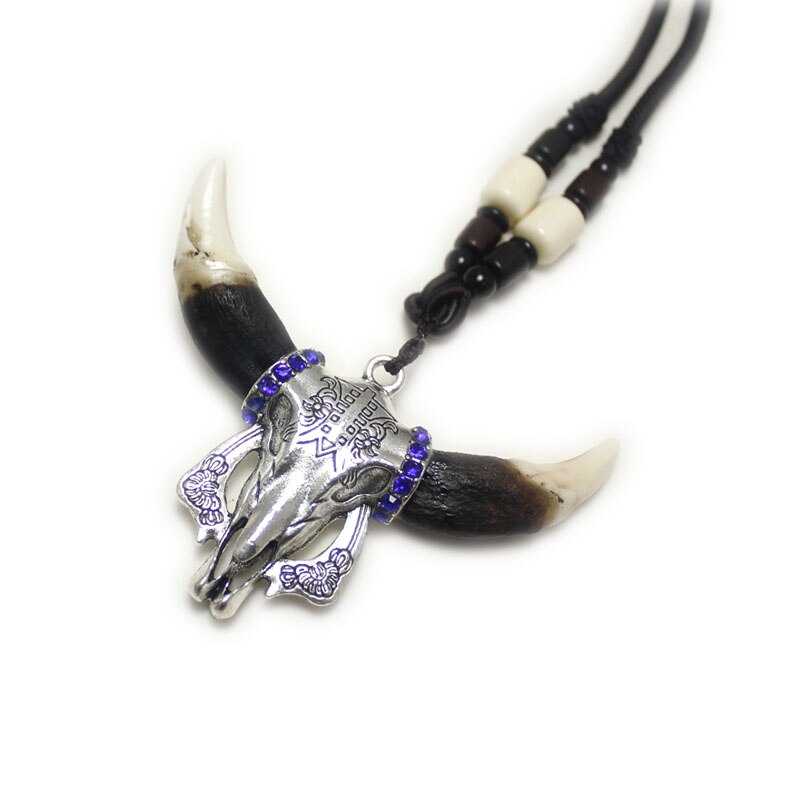 Men Necklace Wolf  Teeth Bull Ox Head Skull Pendant  Real Tooth  Charm Necklace Vintage Jewelry