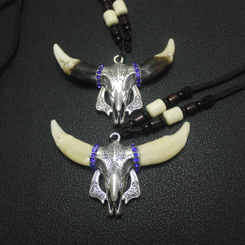 Men Necklace Wolf  Teeth Bull Ox Head Skull Pendant  Real Tooth  Charm Necklace Vintage Jewelry