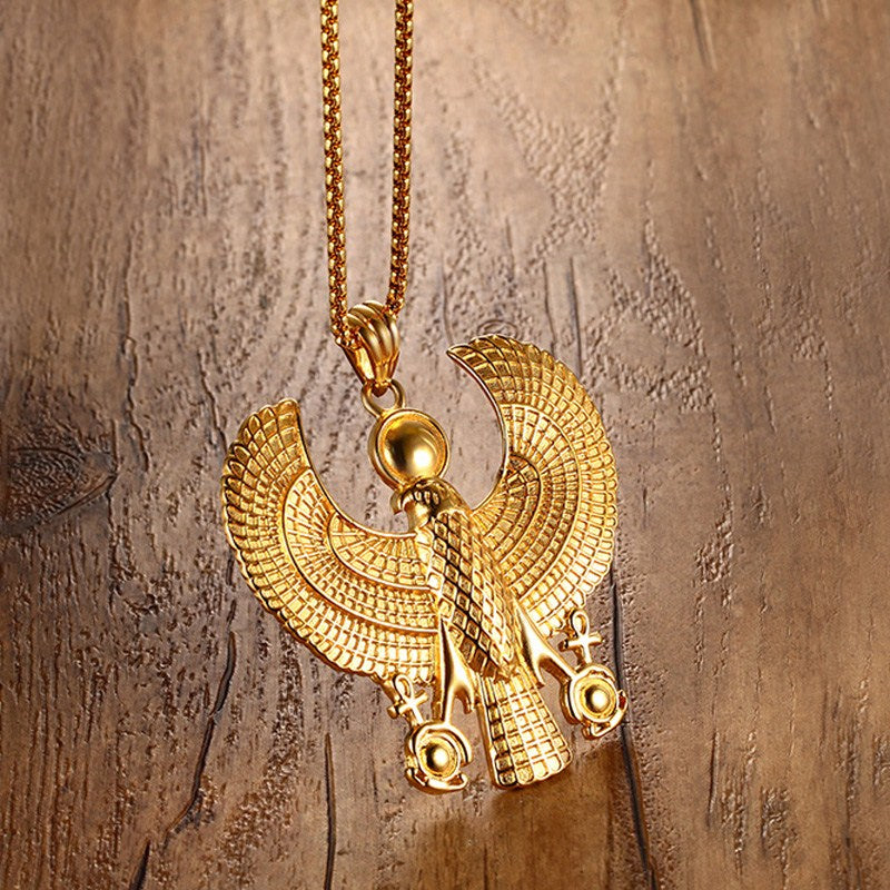 Men Necklaces Egyptian Horus Bird Falcon Holding Ankh Pendant Gold Color Steel Fashion Hiphop Costume Jewelry Choker 24Chain