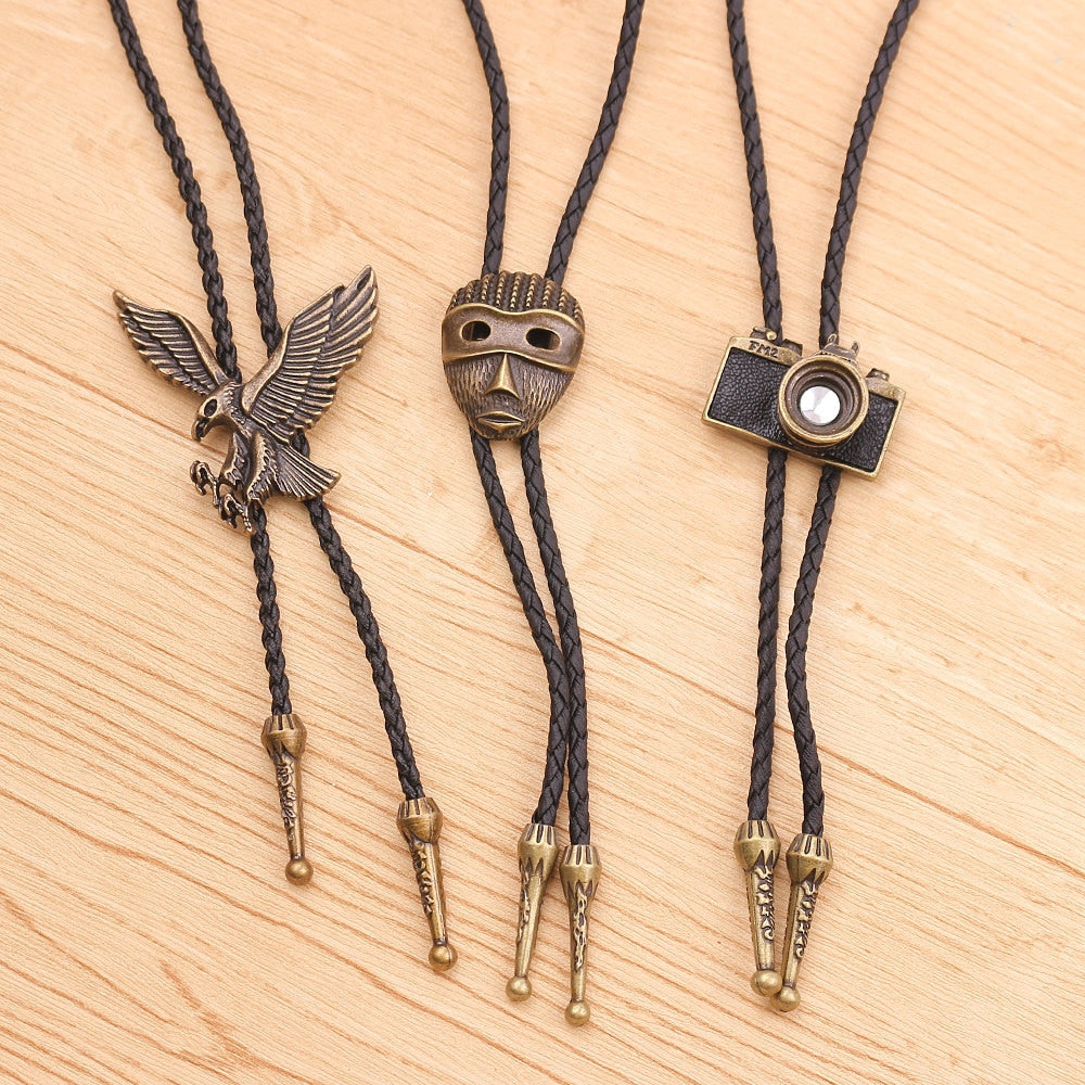 Men Necktie Jewelry Vintage Dance Bolo Tie Western Cowboy Rodeo Leather Necklace Mini Camera Mask Indian Eagle Pendant