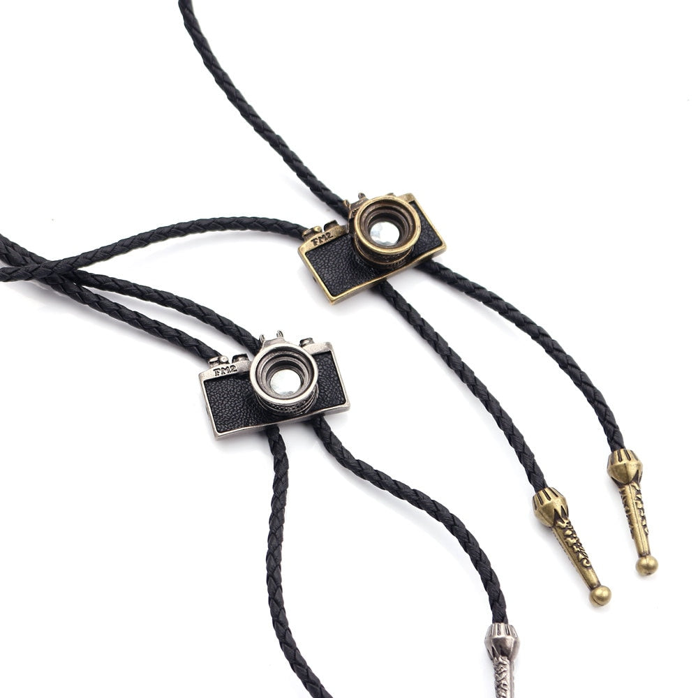 Men Necktie Jewelry Vintage Dance Bolo Tie Western Cowboy Rodeo Leather Necklace Mini Camera Mask Indian Eagle Pendant