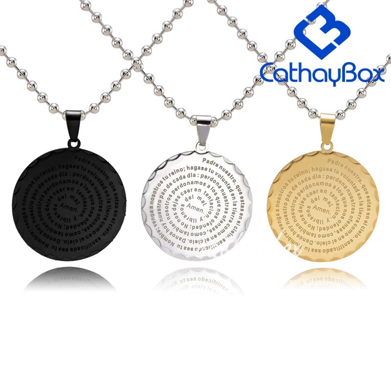 Men Spanish Lord's Prayer Pendant Necklace Gold Black Silver Color Round Jewerly 60 CM Chain