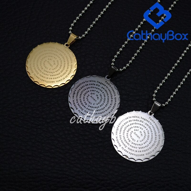 Men Spanish Lord's Prayer Pendant Necklace Gold Black Silver Color Round Jewerly 60 CM Chain