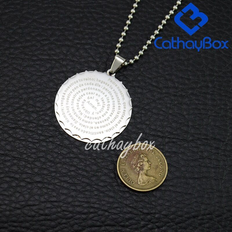 Men Spanish Lord's Prayer Pendant Necklace Gold Black Silver Color Round Jewerly 60 CM Chain
