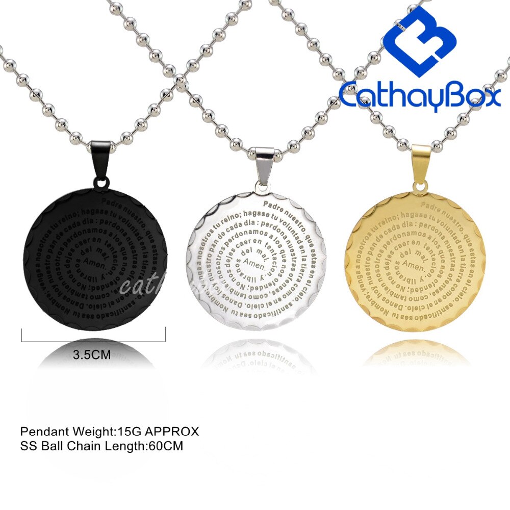 Men Spanish Lord's Prayer Pendant Necklace Gold Black Silver Color Round Jewerly 60 CM Chain