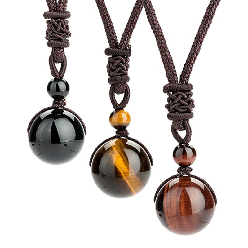 Men Tiger Eye Stone Lucky Pendant Necklaces for Women Rope Chain Braided Obsidian Vintage Ethnic Style Jewelry Gifts