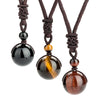 Men Tiger Eye Stone Lucky Pendant Necklaces for Women Rope Chain Braided Obsidian Vintage Ethnic Style Jewelry Gifts