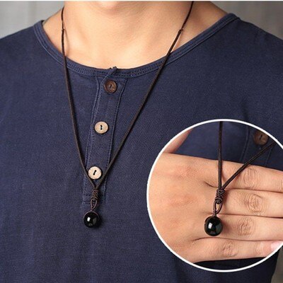 Men Tiger Eye Stone Lucky Pendant Necklaces for Women Rope Chain Braided Obsidian Vintage Ethnic Style Jewelry Gifts