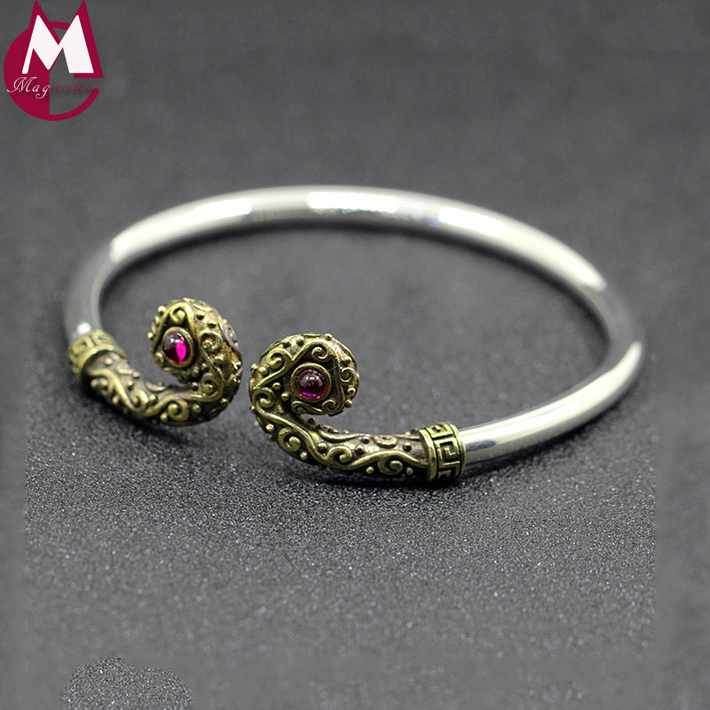 Men Women Bangle 925 Sterling Silver Ruby Charms Bracelet Gold Color Pattern Luxury Brand Ethnic Valentine's D Gifts