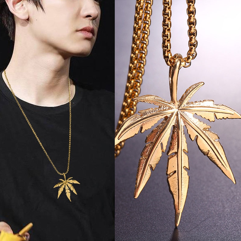 Men Women Golden Color Hemp Leaf Pendants Necklace Chains Hip Hop Bling Jamaica Esserteauiana Jewelry Necklaces