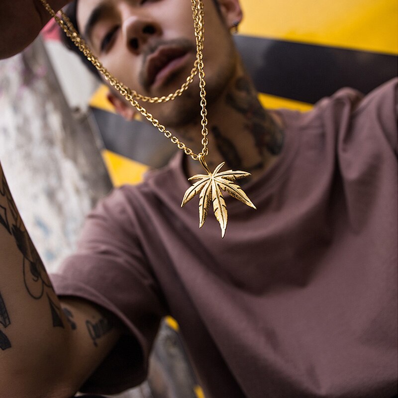 Men Women Golden Color Hemp Leaf Pendants Necklace Chains Hip Hop Bling Jamaica Esserteauiana Jewelry Necklaces