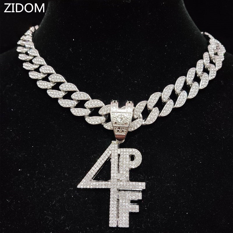 Men Women Hip Hop 4PF Letter Pendant Necklace Miami Cuban Chain Iced Out Bling Bling HipHop Necklaces Charm Jewelry
