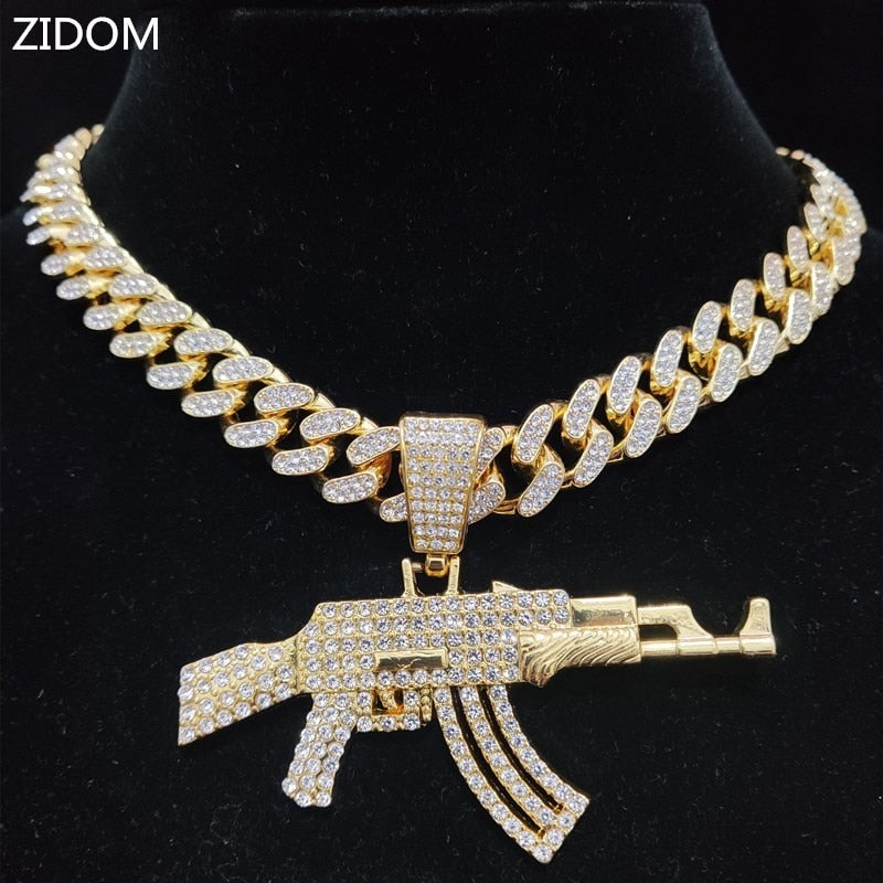 Men Women Hip Hop AK47 Gun Pendant Necklace with 13mm Cuban Chain HipHop Iced Out Bling Bling Necklaces Charm Jewelry