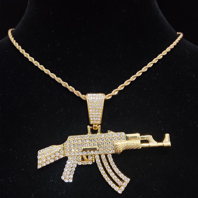 Men Women Hip Hop AK47 Gun Pendant Necklace with 13mm Cuban Chain HipHop Iced Out Bling 117d7807 d98c 483b 9736