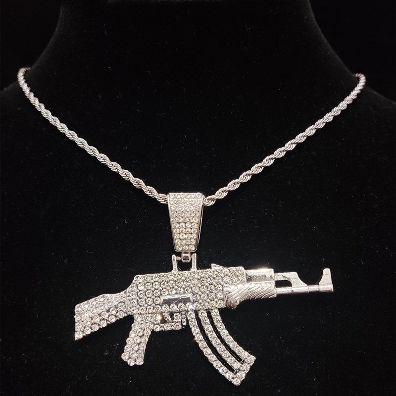 HipHop Rhinestone Paved Bling Gold Stainless Steel Ak 47 Gun Pendants  Necklace For Men Rapper Best Jewelry Choker - AliExpress