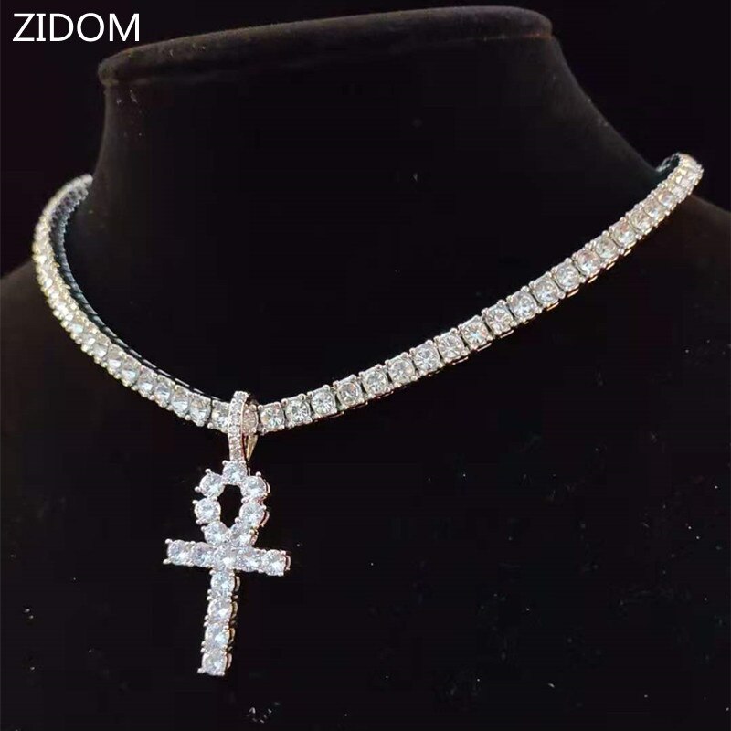 Men Women Hip Hop Ankh Cross Pendant Necklace with 4mm Zircon Tennis Chain Iced out Bling Necklaces HipHop Jewelry Gifts