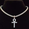 Men Women Hip Hop Ankh Cross Pendant Necklace with 4mm Zircon Tennis Chain Iced out Bling Necklaces HipHop Jewelry Gifts