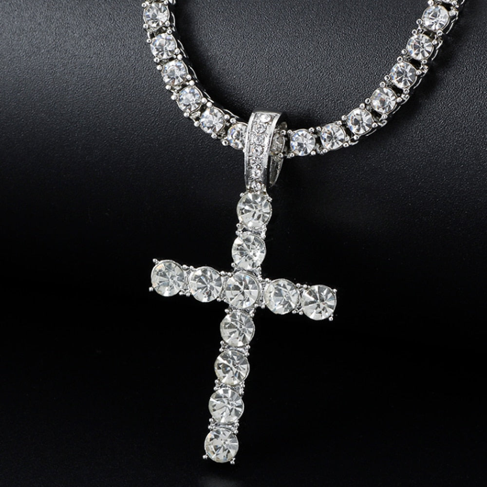Men Women Hip Hop Cross Pendant Necklace with 4mm Zircon Tennis Chain Iced out Bling Necklaces HipHop Jewelry Gift A++