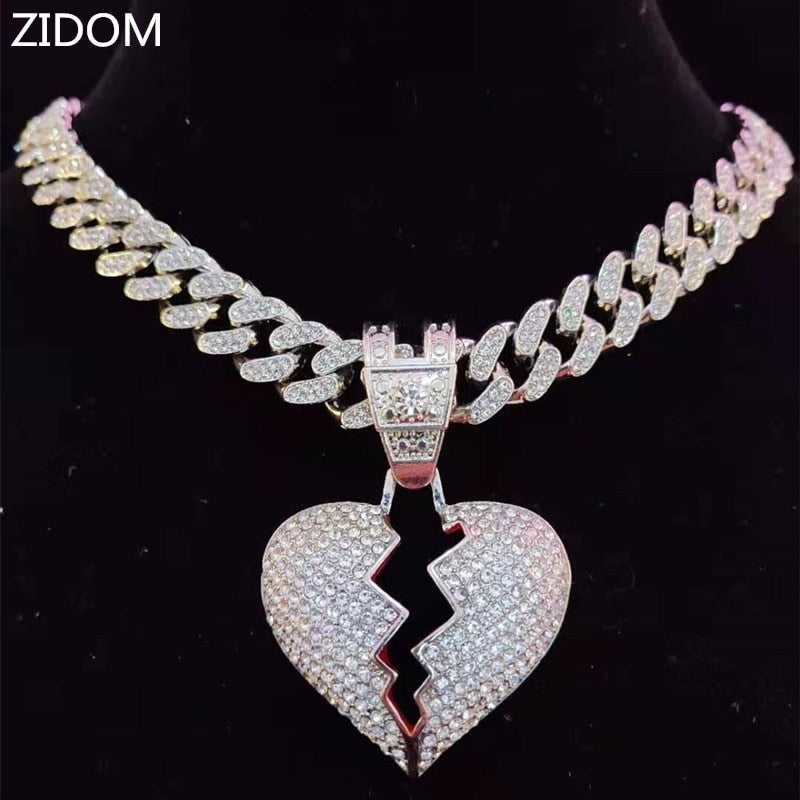 Men Women Hip Hop Iced Out Bling Bling Heart Pendant Necklace with 13mm Miami Cuban Chain HipHop Necklaces Charm Jewelry