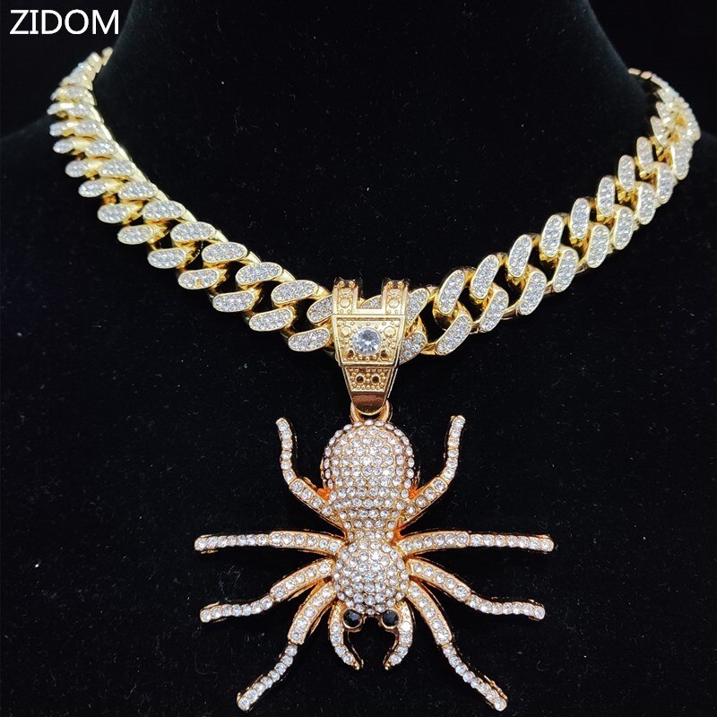 Men Women Hip Hop Iced Out Bling Bling Spider Pendant Necklace with 13mm Cuban Chain HipHop Necklaces Charm Jewelry