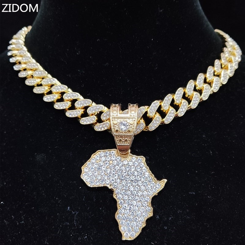 Men Women Hip Hop Iced Out Bling Map of Africa Pendant Necklace with 13mm Cuban Chain HipHop Necklaces Charm Jewelry