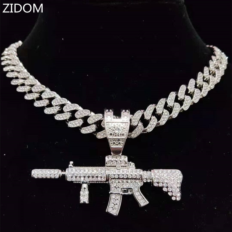 Men Women Hip Hop Iced Out Bling Submachine Gun Pendant Necklace with 13mm Miami Cuban Chain HipHop Necklaces Jewelry