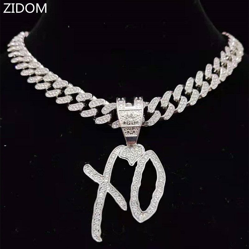 Men Women Hip Hop Iced Out Bling XO Letter Pendant Necklace with 13mm Miami Cuban Chain Necklaces Hiphop Jewelry