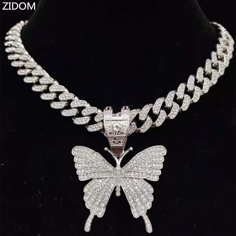 Men Women Hip Hop Iced Out Bling butterfly Pendant Necklace with 13mm Miami Cuban Chain HipHop Necklaces Charm Jewelry