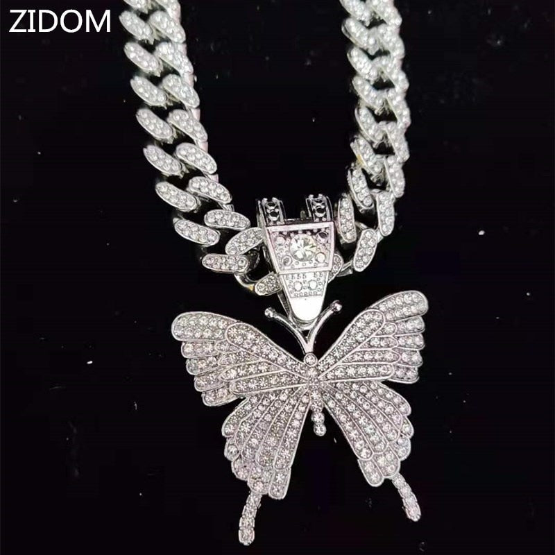 Men Women Hip Hop Iced Out Bling butterfly Pendant Necklace with 13mm Width Cuban Chain HipHop Necklaces Charm Jewelry