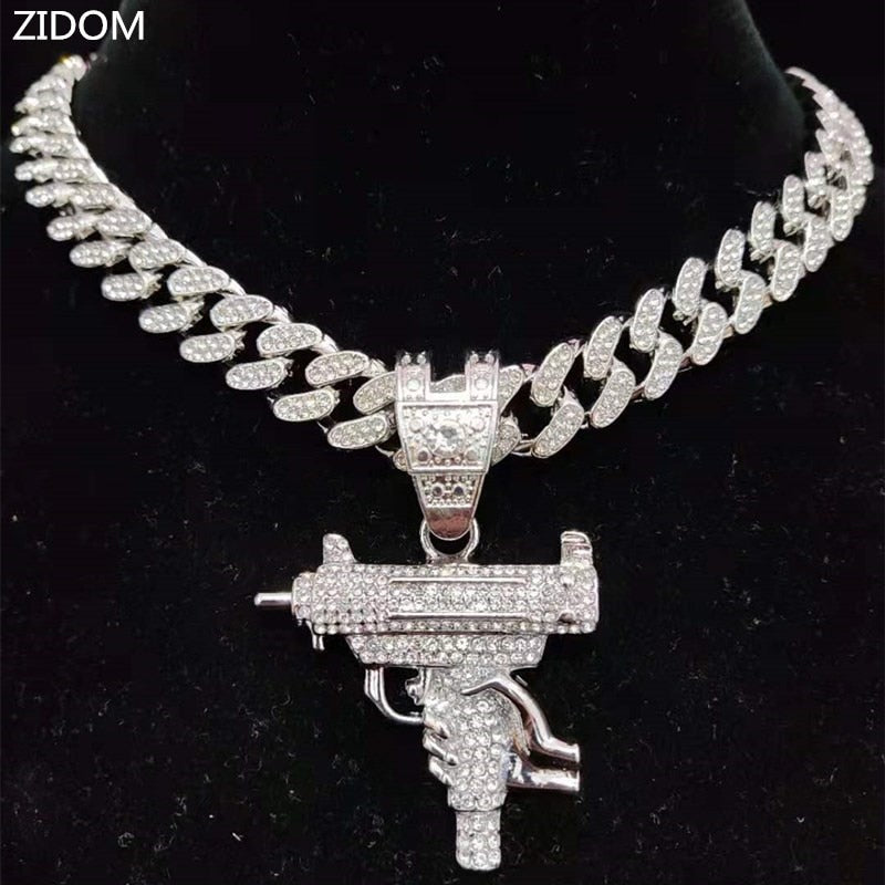 Men Women Hip Hop Iced Out Bling submachine gun Pendant Necklace 13mm Miami Cuban Chain HipHop Necklaces  Charm Jewelry
