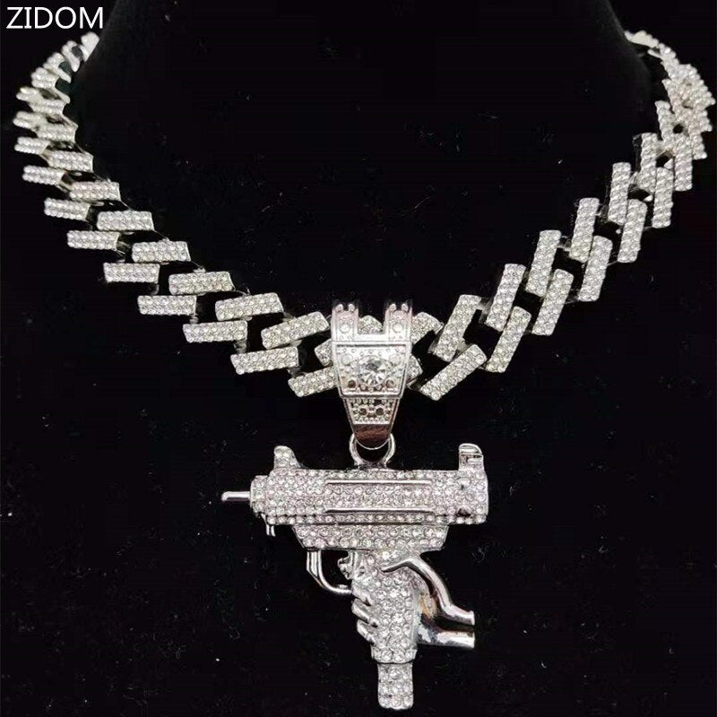 Men Women Hip Hop Iced Out Bling submachine gun Pendant Necklace 13mm rhombus Cuban Chain HipHop Necklaces Charm Jewelry