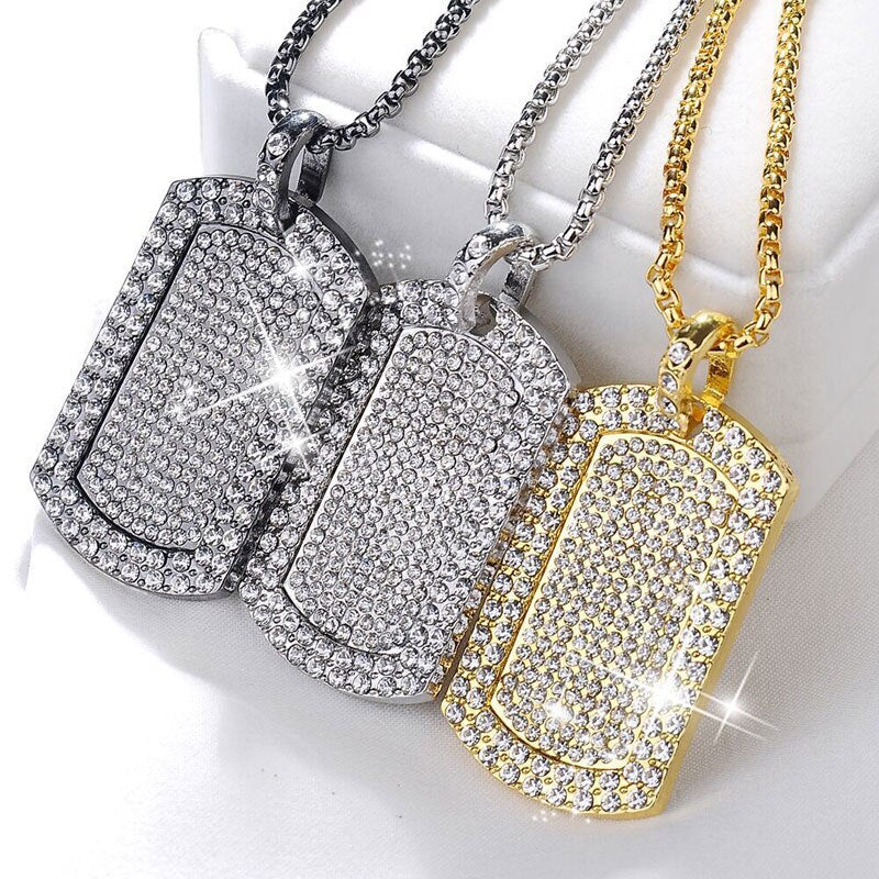 Men Women Hip Hop Iced Out Crystal Dog Tag Pendant Necklaces Statement Chain Gold Silver Plated Party Club Jewelry