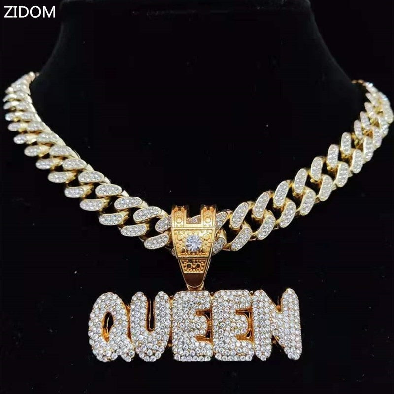 Men Women Hip Hop KING QUEEN Letter Pendant Necklace with 13mm Miami Cuban Chain Iced Out Bling HipHop Necklaces Jewelry