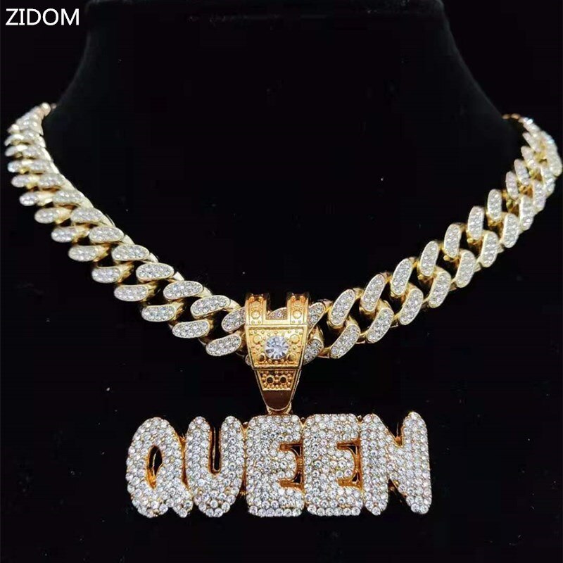 Men Women Hip Hop KING QUEEN Letter Pendant Necklace with 13mm Miami Cuban Chain Iced Out Bling HipHop Necklaces Jewelry