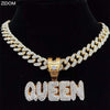 Men Women Hip Hop KING QUEEN Letter Pendant Necklace with 13mm Miami Cuban Chain Iced Out Bling HipHop Necklaces Jewelry