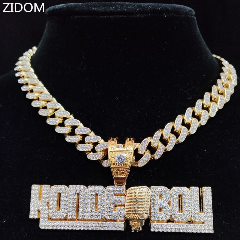 Men Women Hip Hop KONDE BOY Letter Pendant Necklace with 13mm Cuban Chain Iced Out Bling HipHop Necklaces Jewelry