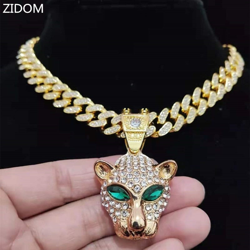 Men Women Hip Hop Leopard Pendant Necklace Miami Cuban Chain Iced Out Bling HipHop animal Necklaces Charm Jewelry