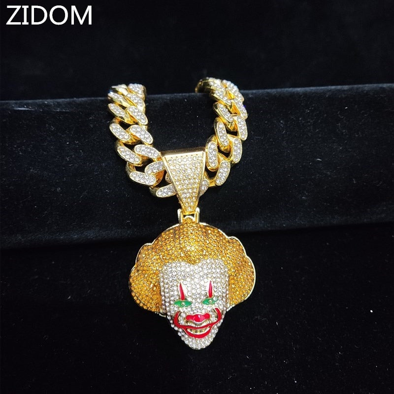 Men Women Hip Hop Movie Clown Pendant Necklace 13MM Crystal Cuban Chain HipHop Iced Out Bling Necklaces Charm Jewelry