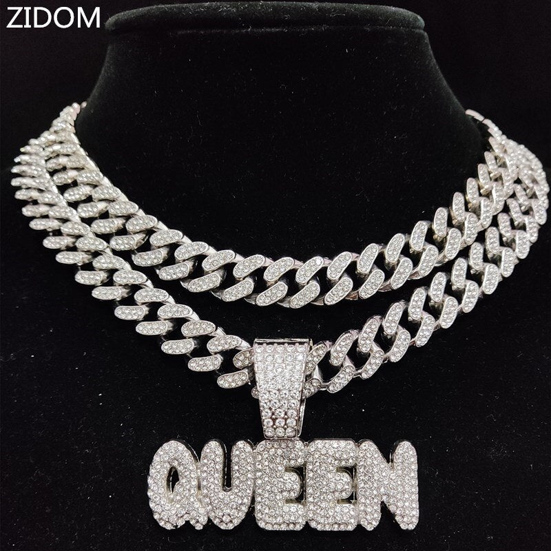 Men Women Hip Hop Queen Letter Pendant Necklace 13mm Crystal Cuban Chain HipHop Iced Out Bling Necklaces Charm Jewelry