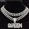 Men Women Hip Hop Queen Letter Pendant Necklace 13mm Crystal Cuban Chain HipHop Iced Out Bling Necklaces Charm Jewelry