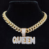 Men Women Hip Hop Queen Letter Pendant Necklace 13mm Crystal Cuban Chain HipHop Iced Out Bling Necklaces Charm Jewelry