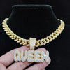 Men Women Hip Hop Queen Letter Pendant Necklace 13mm Crystal Cuban Chain HipHop Iced Out Bling Necklaces Charm Jewelry