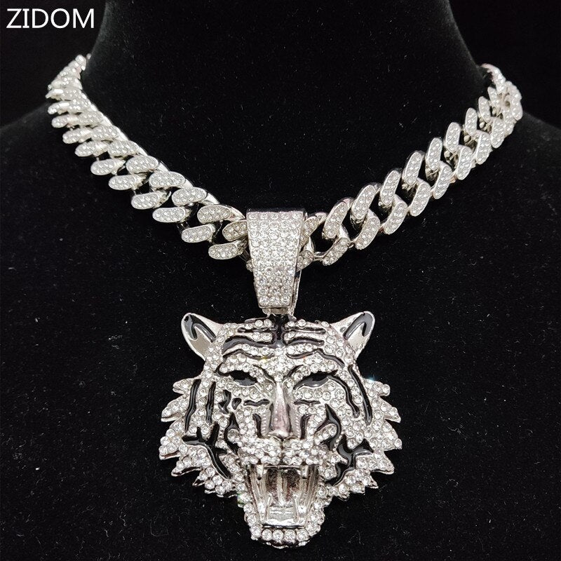 Men Women Hip Hop Tiger Pendant Necklace with 13mm Miami Cuban Chain Iced Out Bling HipHop Necklaces Charm Jewelry
