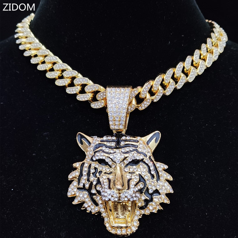 Men Women Hip Hop Tiger Pendant Necklace with 13mm Miami Cuban Chain Iced Out Bling HipHop Necklaces Charm Jewelry