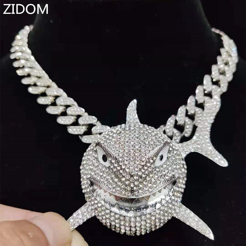 Men Women Hip hop Iced out Bling Big Size Shark Pendant Necklace 13mm crystal Cuban Chain Hiphop Necklaces Charm jewelry