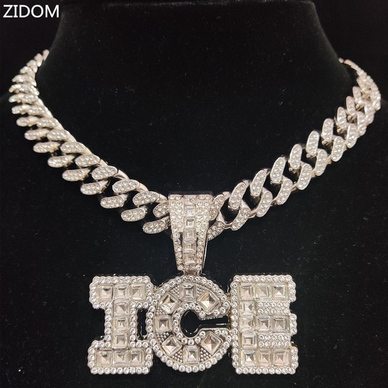 Men Women Hip hop Letter ICE Pendant Necklace With 13mm Cuban Chain Hiphop Iced Out Bling Necklaces Charm jewelry