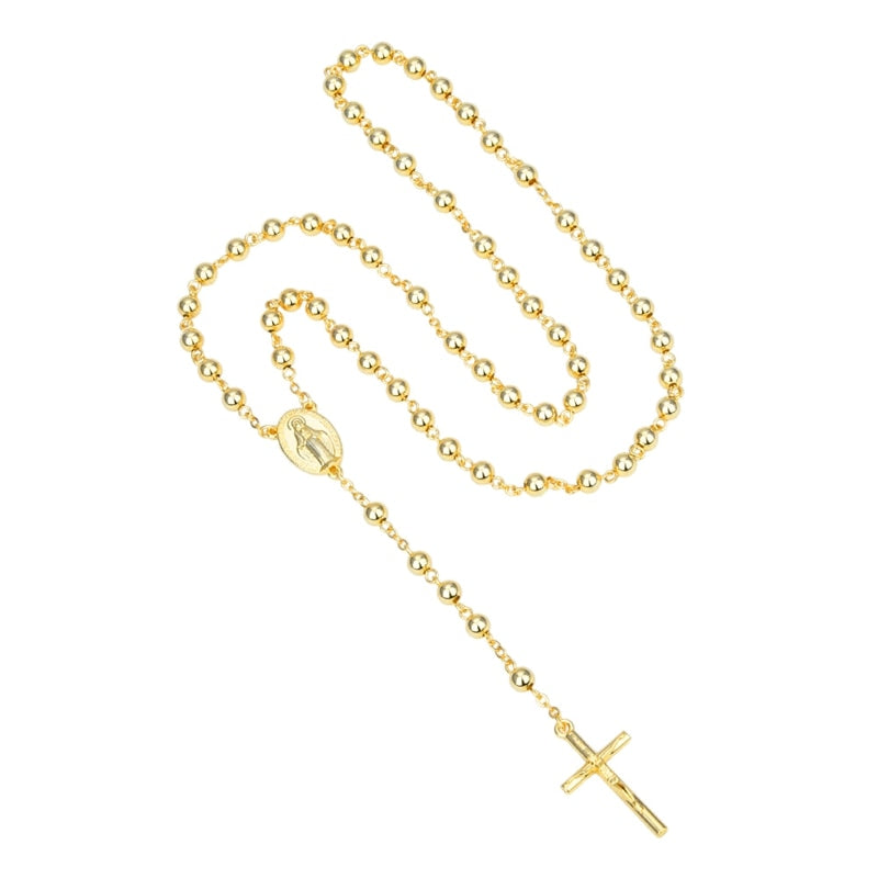 Men Women Light Yellow Gold-color Catholic Religious Virgin Mary Guadalupe Rosary Necklace Jewelry 6mm Prayer Beads